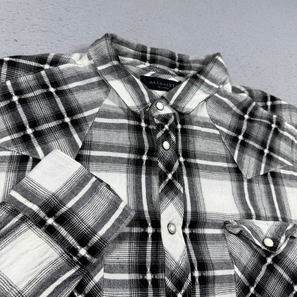 AllSaints Mens Black White Plaid Viscose Linen Western Snap Button Shirt XL